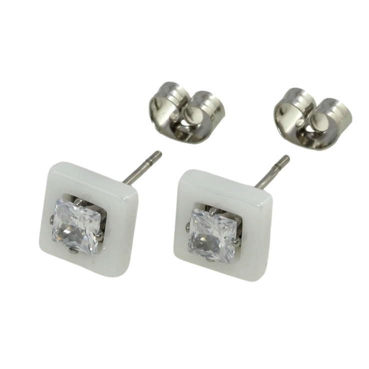 Серьги Xuping TTM Stainless Steel цвет Родий пусеты Квадраты из белой керамики с кристаллом 8х8мм фото №19