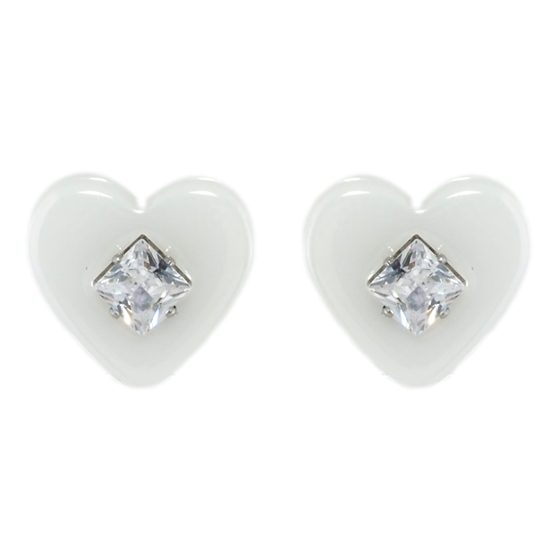 Серьги Xuping TTM Stainless Steel цвет Родий пусеты Сердечки из белой керамики с кристаллом фото №1