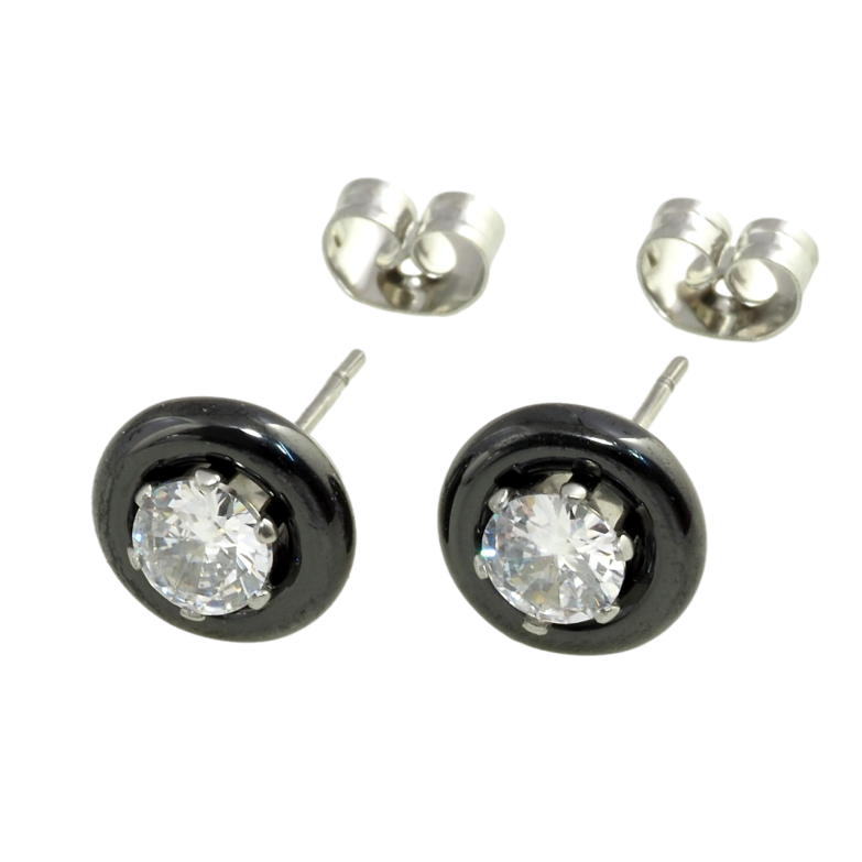 Серьги Xuping TTM Stainless Steel цвет Родий пусеты Круги из черной керамики с цирконием ø 9мм фото №1