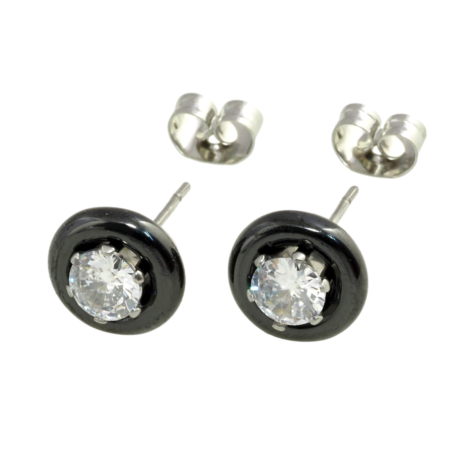 Серьги Xuping TTM Stainless Steel цвет Родий пусеты Круги из черной керамики с цирконием ø 9мм фото №1