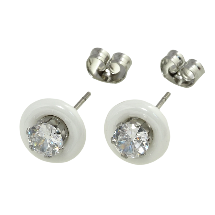Серьги Xuping TTM Stainless Steel цвет Родий пусеты Круги из белой керамики с цирконием ø 9мм фото №17