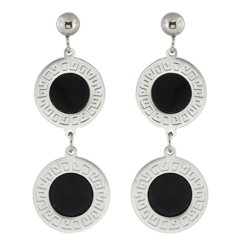 Серьги Xuping TTM Stainless Steel цвет Родий пусеты Подвески с греческим узором и черными вставками фото №1
