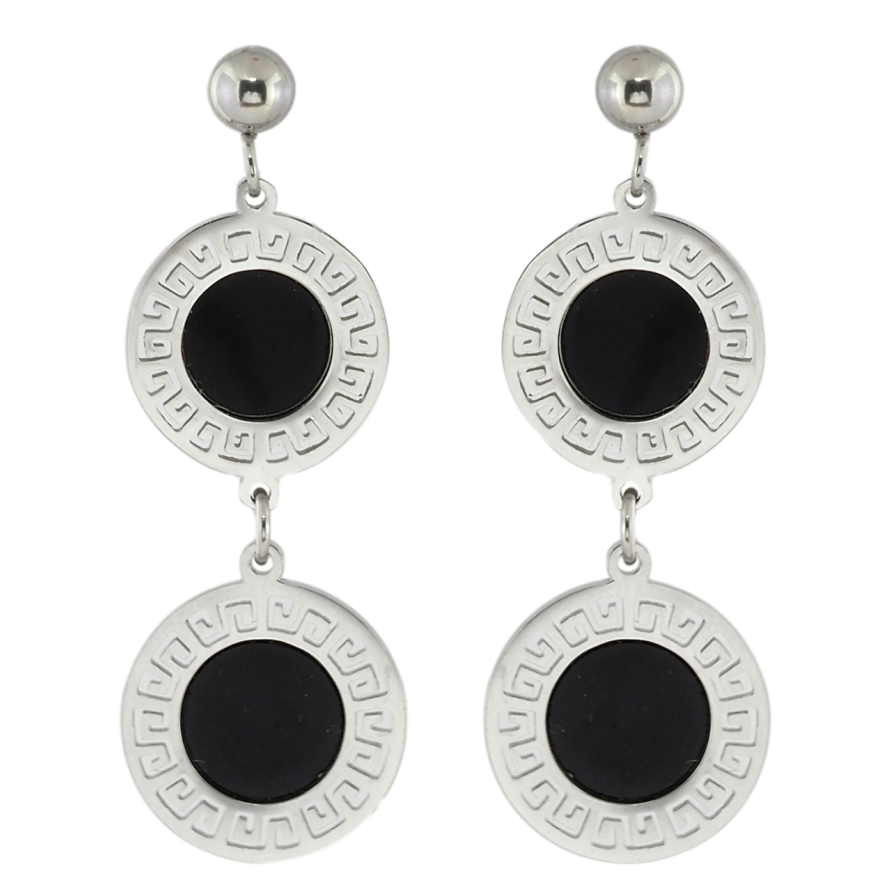 Серьги Xuping TTM Stainless Steel цвет Родий пусеты Подвески с греческим узором и черными вставками фото №1