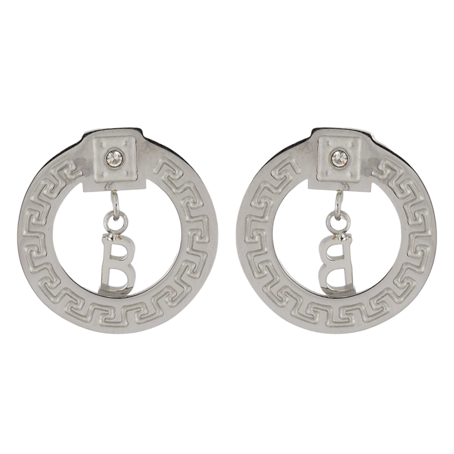 Серьги Xuping TTM Stainless Steel цвет Родий пусеты Кольца с греческим узором и подвесками фото №1