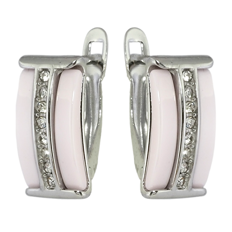 Сережки Xuping TTM Stainless Steel колір Родій англійський замок Доріжки цирконію із вставками рожева кераміка фото №1