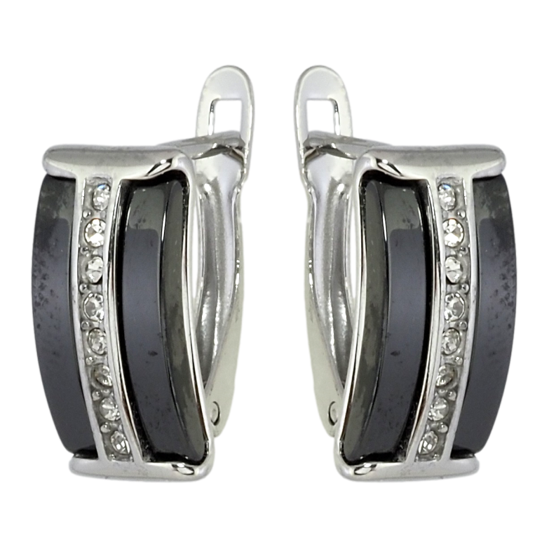 Сережки Xuping TTM Stainless Steel колір Родій англійський замок Доріжки цирконію із вставками чорна кераміка фото №6