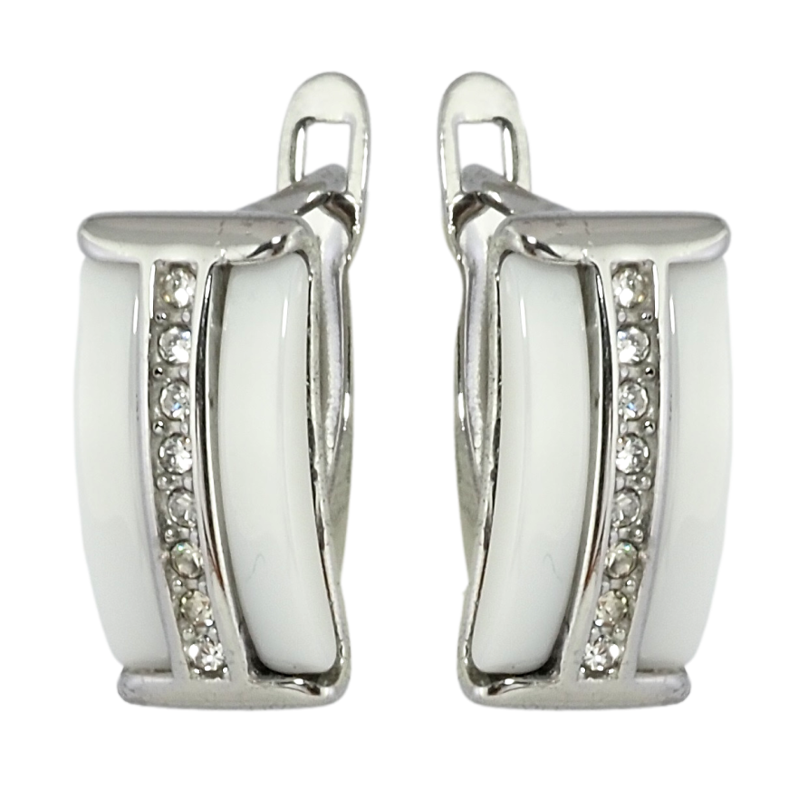 Сережки Xuping TTM Stainless Steel колір Родій англійський замок Доріжки цирконію із вставками біла кераміка фото №1