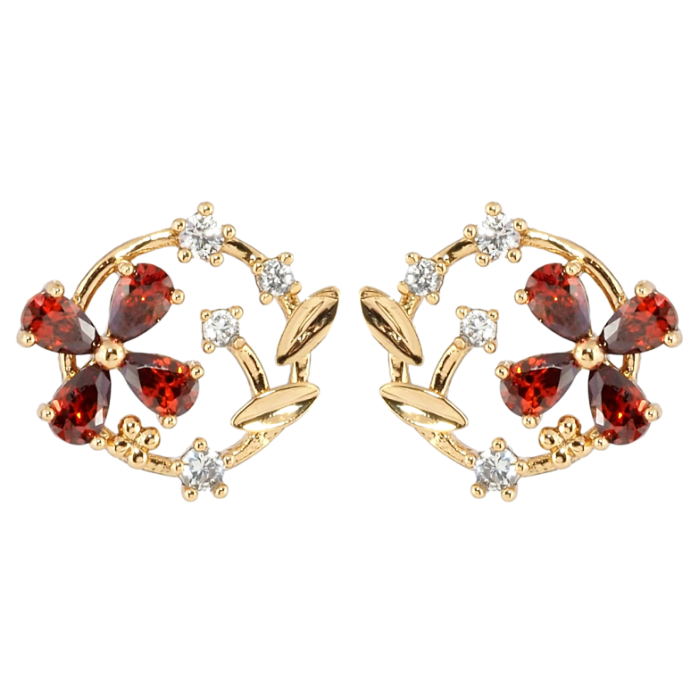 Сережки Xuping Позолота 18K пусети Віночки з червоними фіанітами фото №1 Сережки Xuping Позолота 18K пусети Віночки з червоними фіанітами фото №1