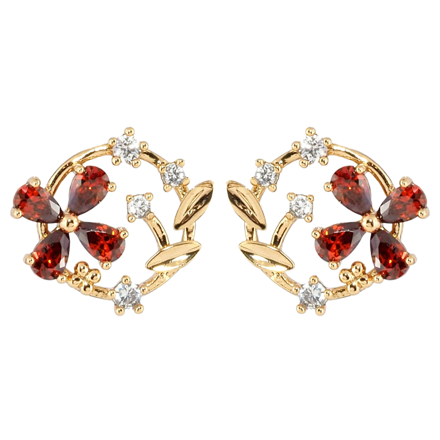 Сережки Xuping Позолота 18K пусети Віночки з червоними фіанітами фото №1 Сережки Xuping Позолота 18K пусети Віночки з червоними фіанітами фото №1