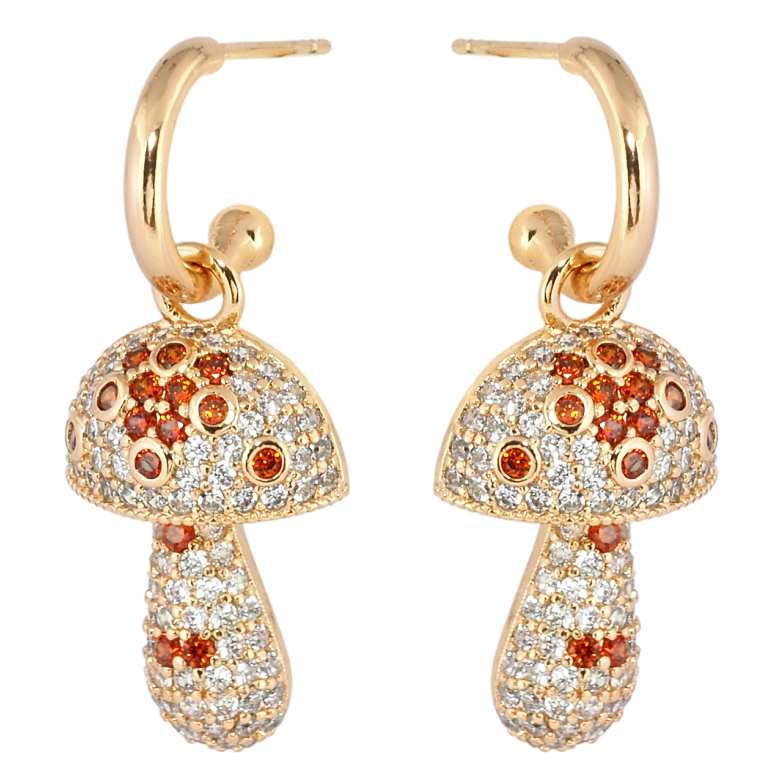 Сережки Xuping Позолота 18K пусети Грибочки інкрустація біло-червоним цирконієм 2 в 1 фото №1 Сережки Xuping Позолота 18K пусети Грибочки інкрустація біло-червоним цирконієм 2 в 1 фото №1