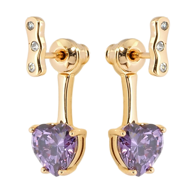 Сережки Xuping Позолота 18K пусети-джекети Сердечки бузкові фіаніти фото №5