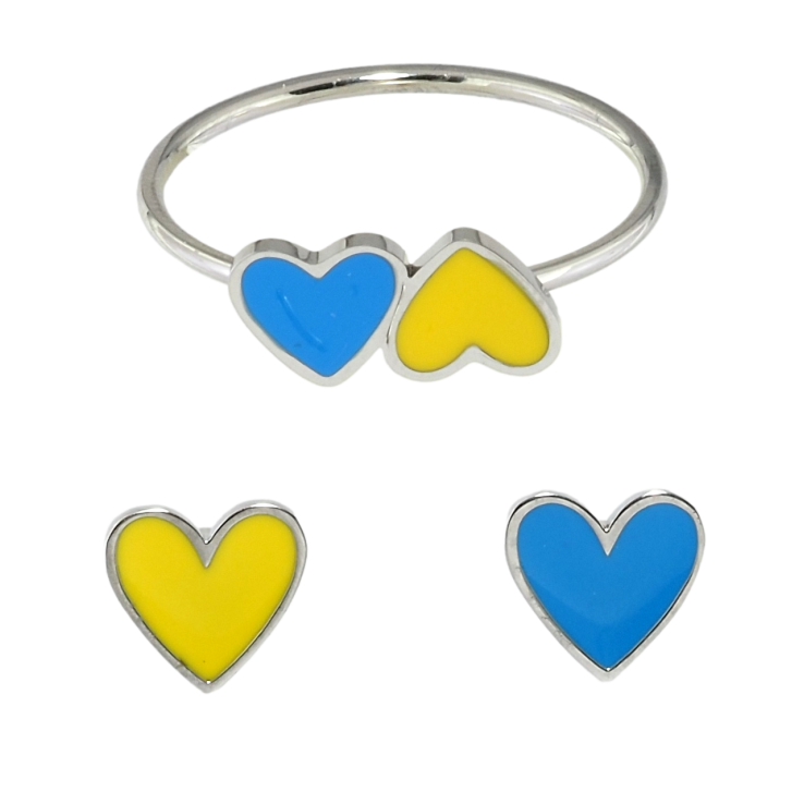 Набір Xuping TTM Stainless Steel колірколір Родій Сережки Каблучка Сердечки жовто-блакитні фото №9 Набір Xuping TTM Stainless Steel колірколір Родій Сережки Каблучка Сердечки жовто-блакитні фото №9