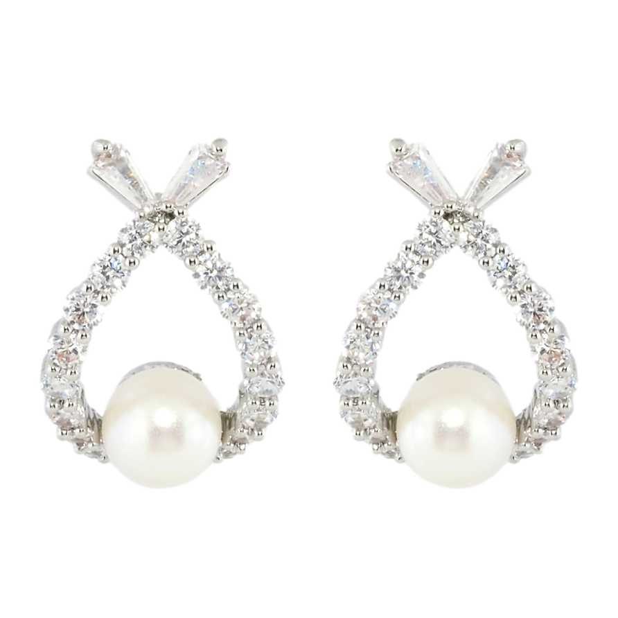 Сережки Xuping Родій пусети Краплинки з цирконієм та перлинами фото №1