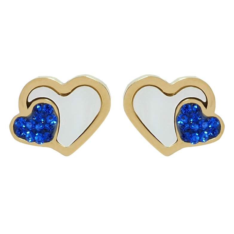 Сережки Xuping TTM Stainless Steel колір 14K пусети Серця з перламутровими вставками та синіми кристалами фото №1