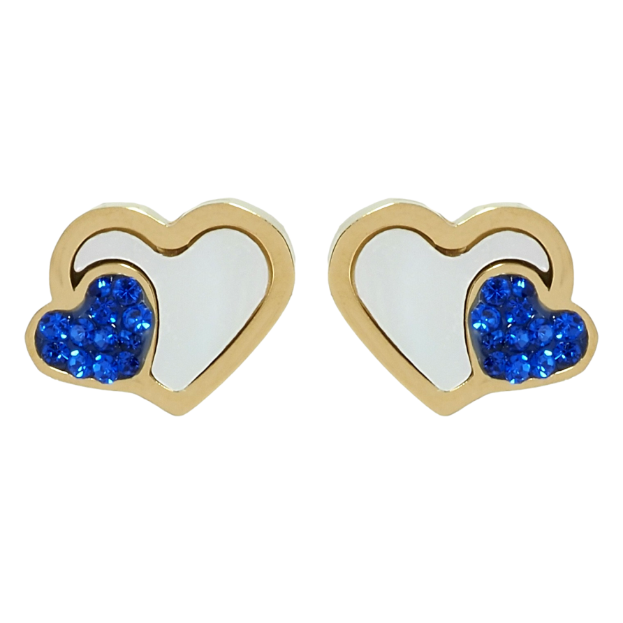 Серьги Xuping TTM Stainless Steel цвет 14K пусеты Сердечки с перламутровыми вставками и синими кристаллами фото №1
