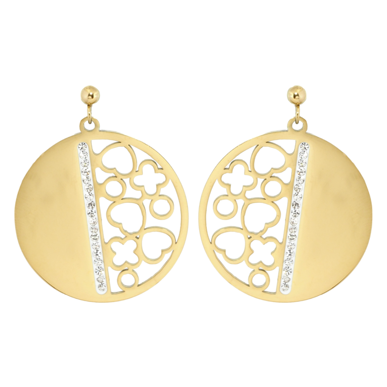 Сережки Xuping TTM Stainless Steel колір 14K пусети Круглі підвіски з різьбленим візерунком фото №1