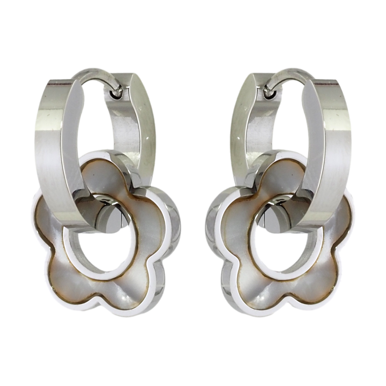 Сережки Xuping TTM Stainless Steel колір Родій підвіски на колечках Квіточки з перламутровими вставками 2 в 1 фото №1
