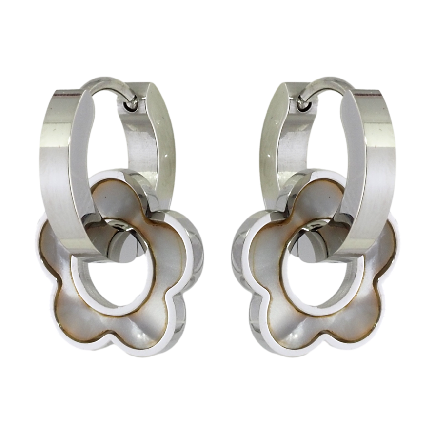 Сережки Xuping TTM Stainless Steel колір Родій підвіски на колечках Квіточки з перламутровими вставками 2 в 1 фото №1