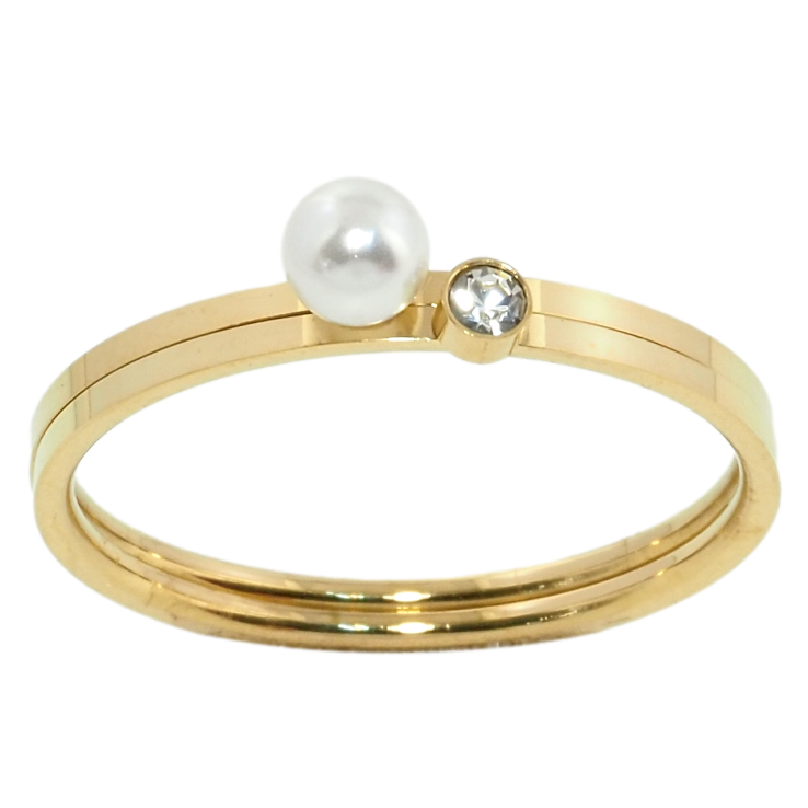Каблучка Xuping TTM Stainless Steel Колір 14К Подвійне кільце з перлиною та фіанітом фото №10