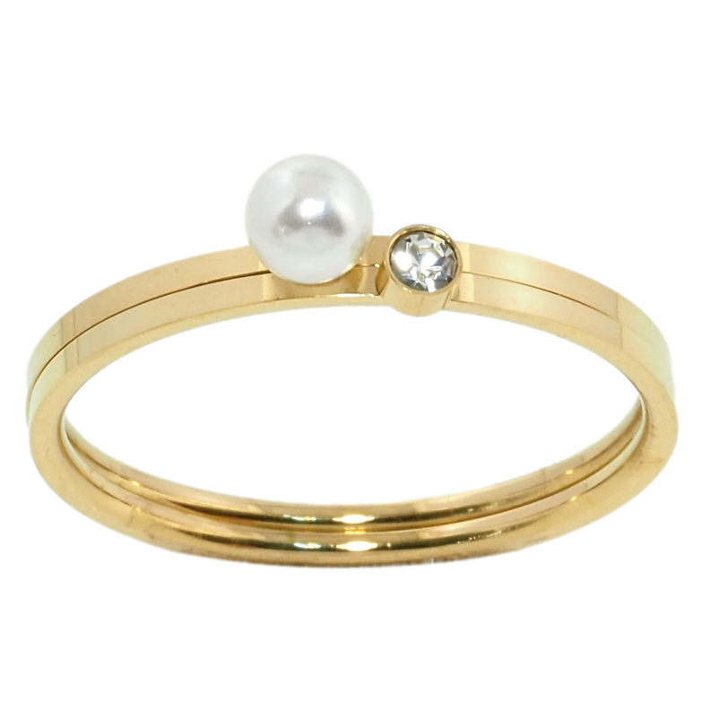 Кольцо Xuping TTM Stainless Steel Цвет 14К Двойное кольцо с жемчужиной и фианитом фото №1