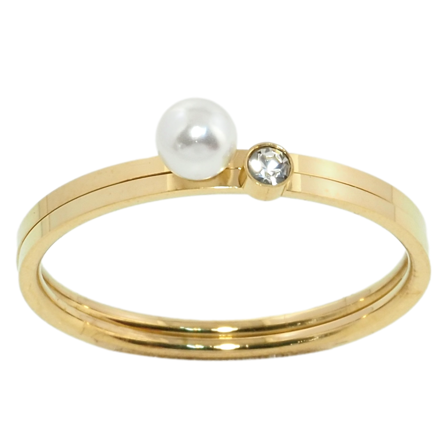 Каблучка Xuping TTM Stainless Steel Колір 14К Подвійне кільце з перлиною та фіанітом фото №1