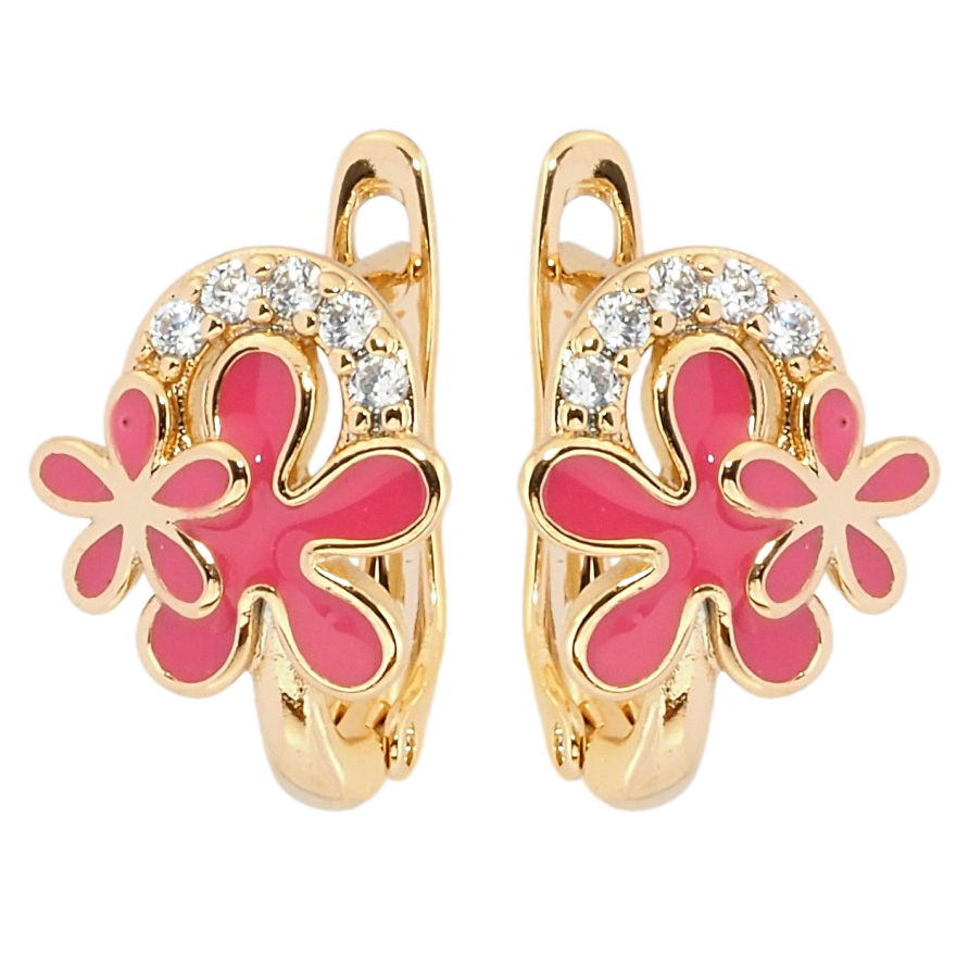 Сережки Xuping Позолота 18K англійський замок Квіточки з рожевою емаллю та цирконієм фото №1