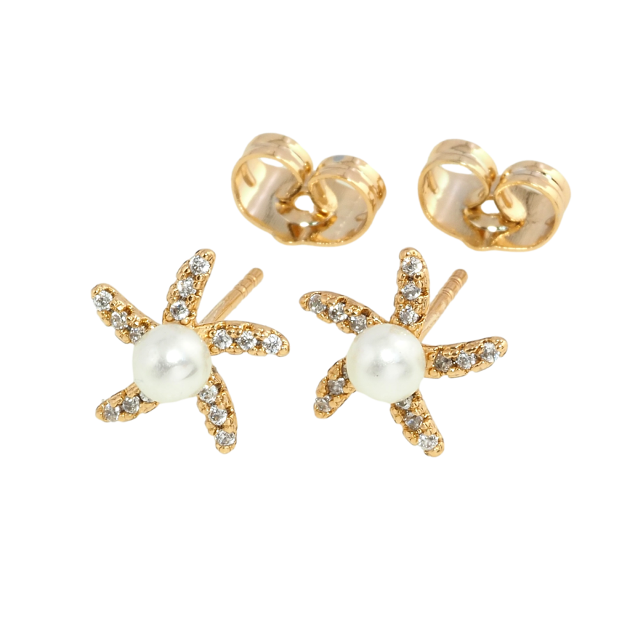 Сережки Xuping Позолота 18K пусети Зірочки з цирконієм та перлинами фото №1 Сережки Xuping Позолота 18K пусети Зірочки з цирконієм та перлинами фото №1