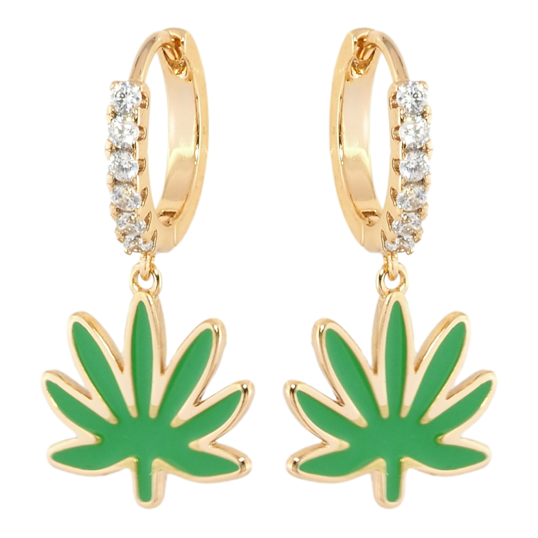 Серьги Xuping Позолота 18K подвески на колечках Листики зеленая эмаль фото №1