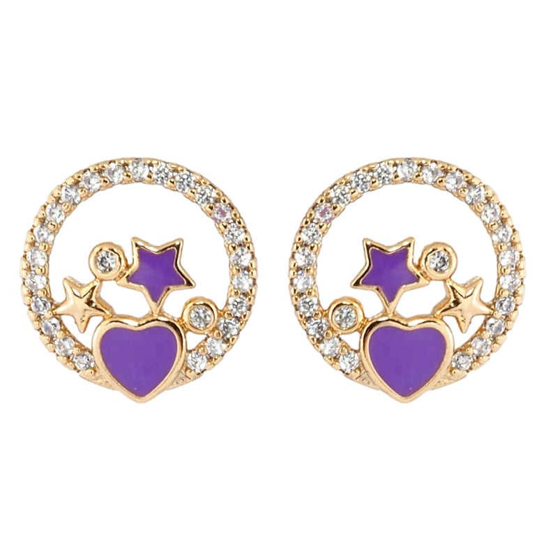 Сережки Xuping Позолота 18K пусети Зірки в колечках цирконію з бузковою емаллю фото №1 Сережки Xuping Позолота 18K пусети Зірки в колечках цирконію з бузковою емаллю фото №1