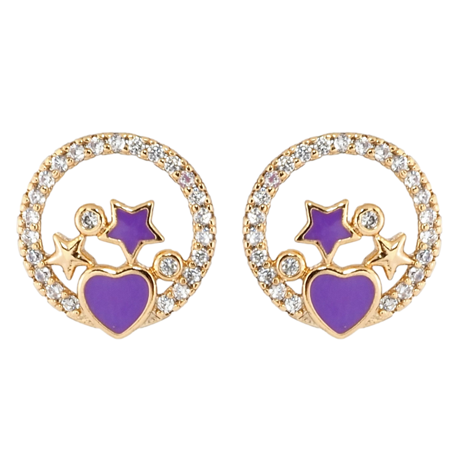 Сережки Xuping Позолота 18K пусети Зірки в колечках цирконію з бузковою емаллю фото №1 Сережки Xuping Позолота 18K пусети Зірки в колечках цирконію з бузковою емаллю фото №1