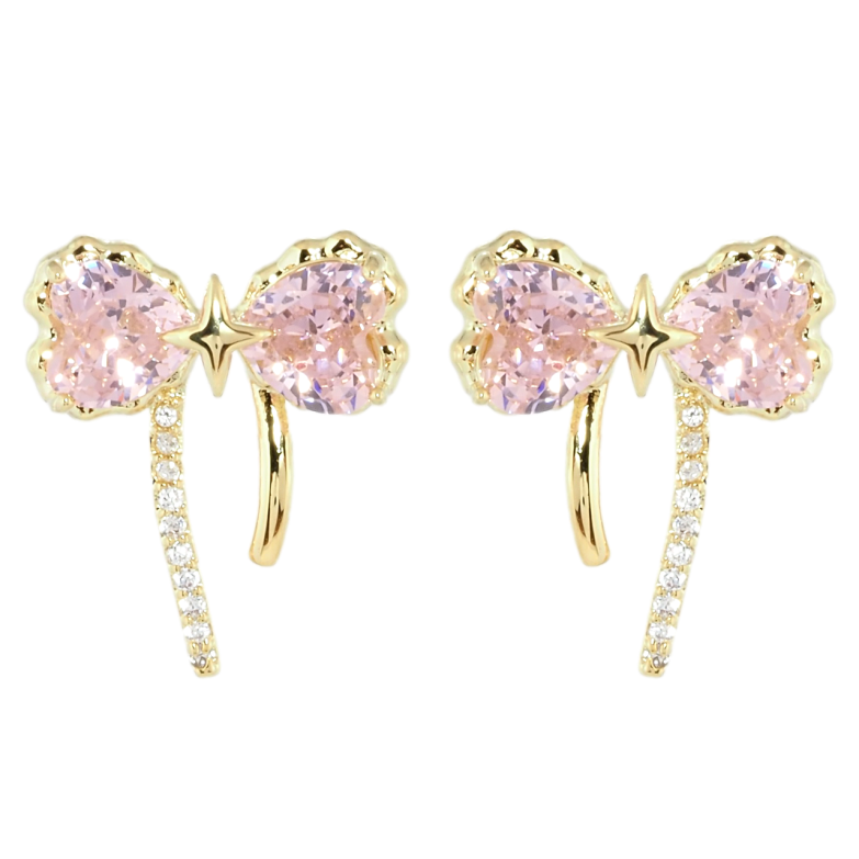 Сережки Xuping QQMM Позолота 14K пусети Бантики з рожевими фіанітами фото №1