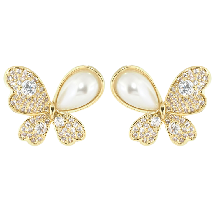 Серьги Xuping QQMM Позолота 14K пусеты Бабочки с инкрустацией цирконием и перламутровыми бусинами фото №16