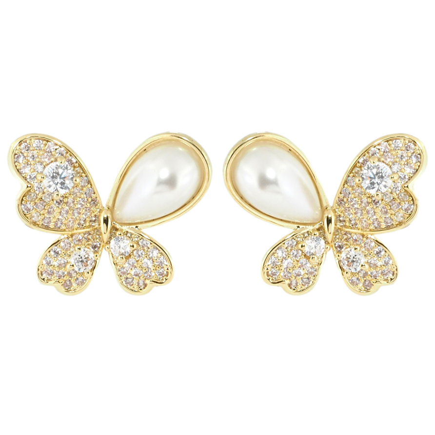 Серьги Xuping QQMM Позолота 14K пусеты Бабочки с инкрустацией цирконием и перламутровыми бусинами фото №1