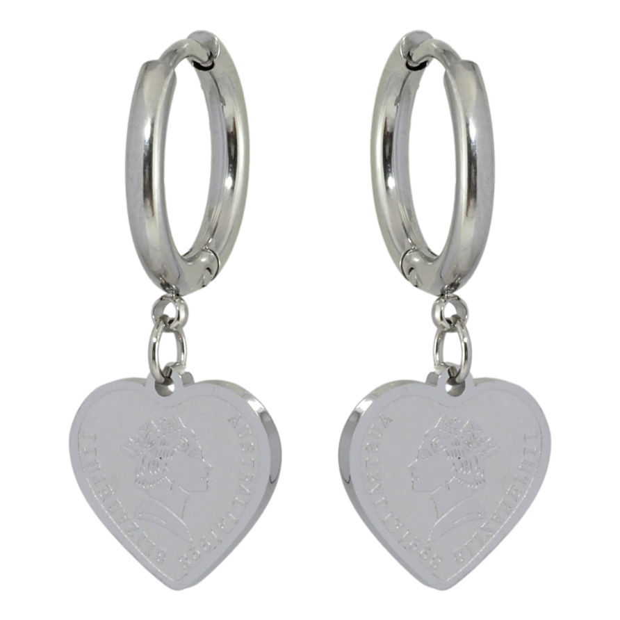 Сережки Xuping TTM Stainless Steel колір Родій підвіски на колечках Серця із зображенням Єлизавети фото №1