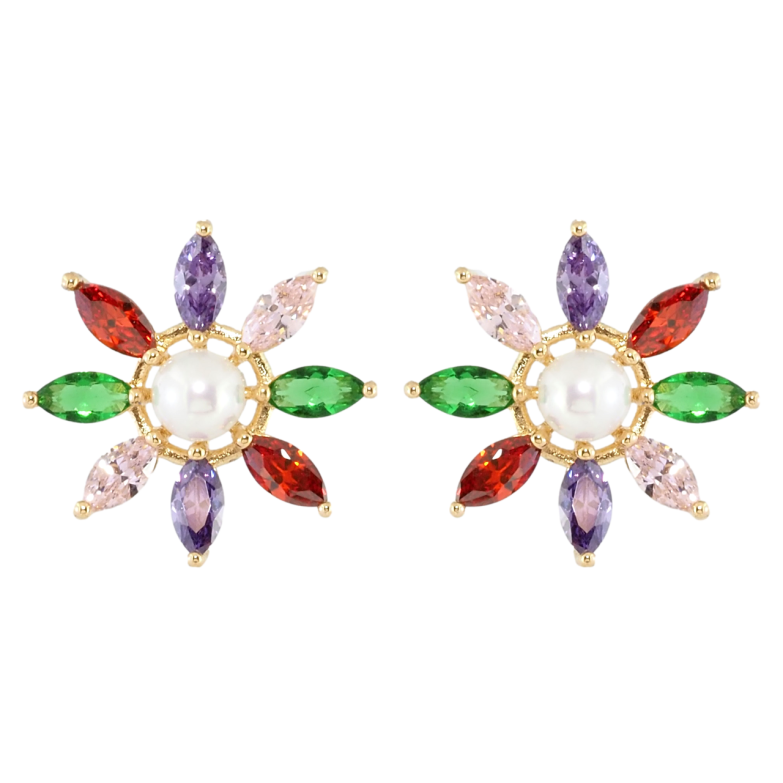 Серьги Xuping Позолота 18K пусеты Цветок из цветного циркония с жемчужиной фото №1