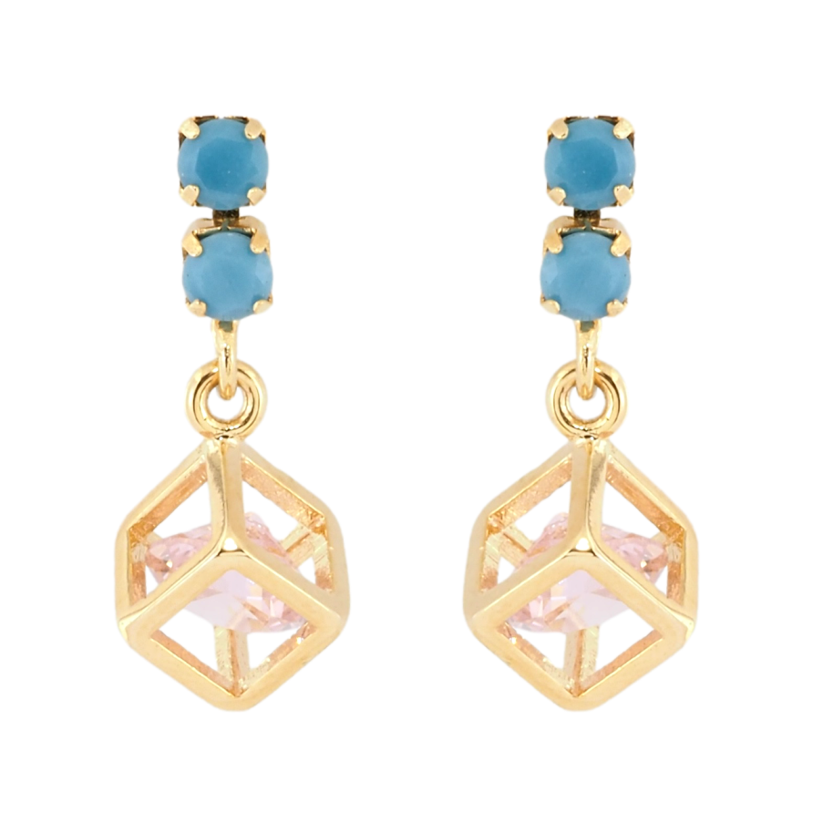 Серьги Xuping Позолота 18K пусеты Миниатюрные голубые дорожки с подвесками кубики с розовыми кристаллами фото №1