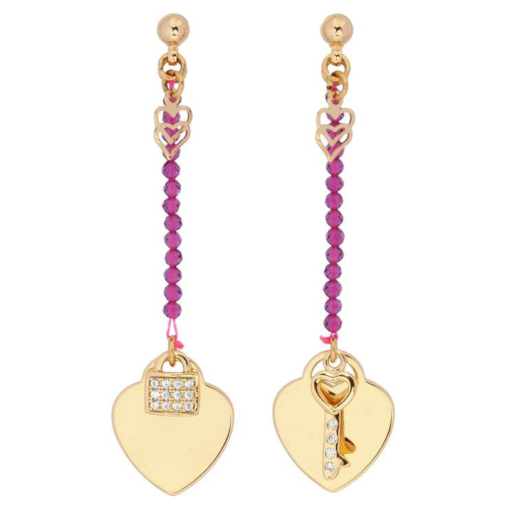 Серьги Xuping Позолота 18K пусеты Сердечки с замочком и ключиком на веревке с розовыми бусинами фото №9 Серьги Xuping Позолота 18K пусеты Сердечки с замочком и ключиком на веревке с розовыми бусинами фото №9