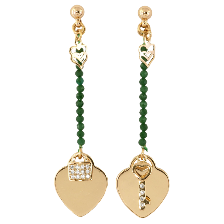 Серьги Xuping Позолота 18K пусеты Сердечки с замочком и ключиком на веревке с зелеными бусинами фото №10 Серьги Xuping Позолота 18K пусеты Сердечки с замочком и ключиком на веревке с зелеными бусинами фото №10
