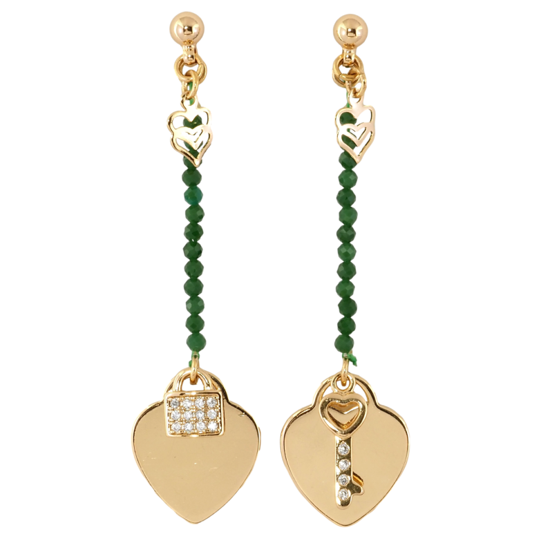 Сережки Xuping Позолота 18K пусети Сердечки із замочком та ключиком на мотузці із зеленими намистинами фото №1