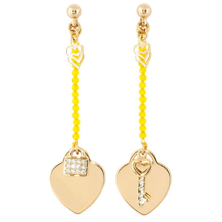 Серьги Xuping Позолота 18K пусеты Сердечки с замочком и ключиком на веревке с желтыми бусинами фото №11 Серьги Xuping Позолота 18K пусеты Сердечки с замочком и ключиком на веревке с желтыми бусинами фото №11