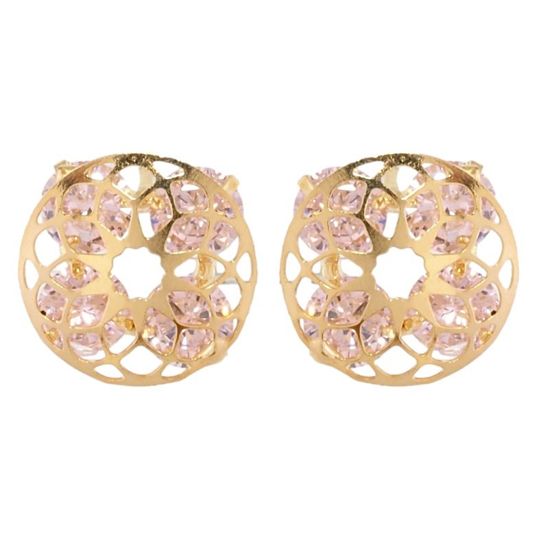 Сережки Xuping Позолота 18K пусети Чотири рожеві кристали в різьбленій круглій накладці ø 13мм фото №2 Сережки Xuping Позолота 18K пусети Чотири рожеві кристали в різьбленій круглій накладці ø 13мм фото №2