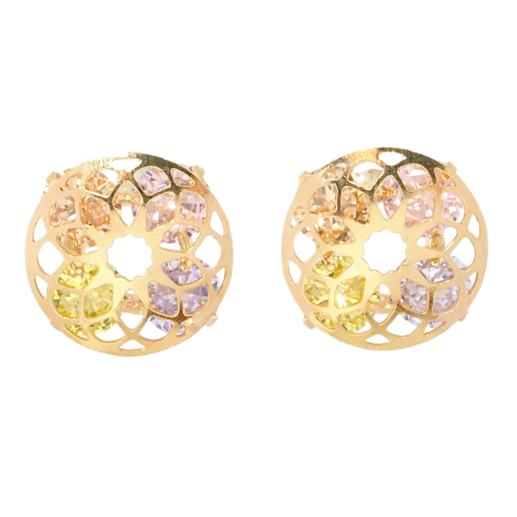 Сережки Xuping Позолота 18K пусети Чотири кольорові кристали в різьбленій круглій накладці ø 13мм фото №6