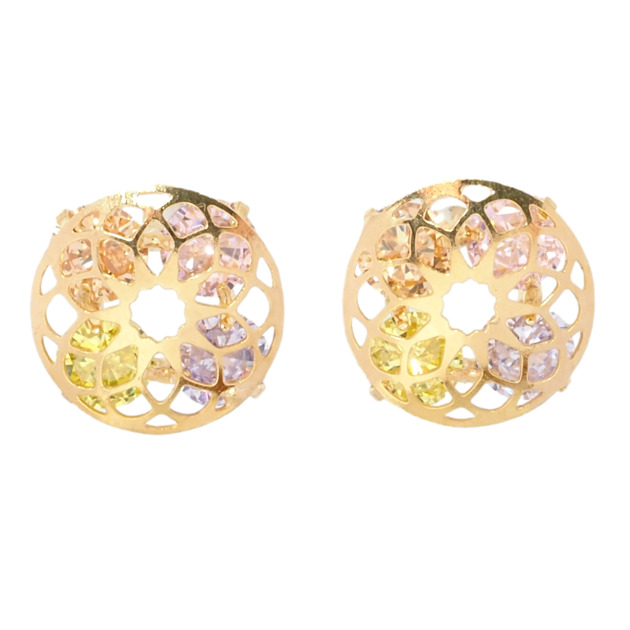 Сережки Xuping Позолота 18K пусети Чотири кольорові кристали в різьбленій круглій накладці ø 13мм фото №1