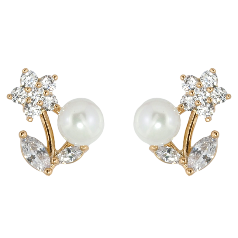 Серьги Xuping Позолота 18K пусеты Кристальные цветочки с жемчужинами фото №1