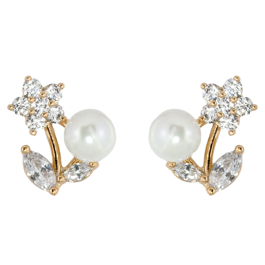 Серьги Xuping Позолота 18K пусеты Кристальные цветочки с жемчужинами фото №1