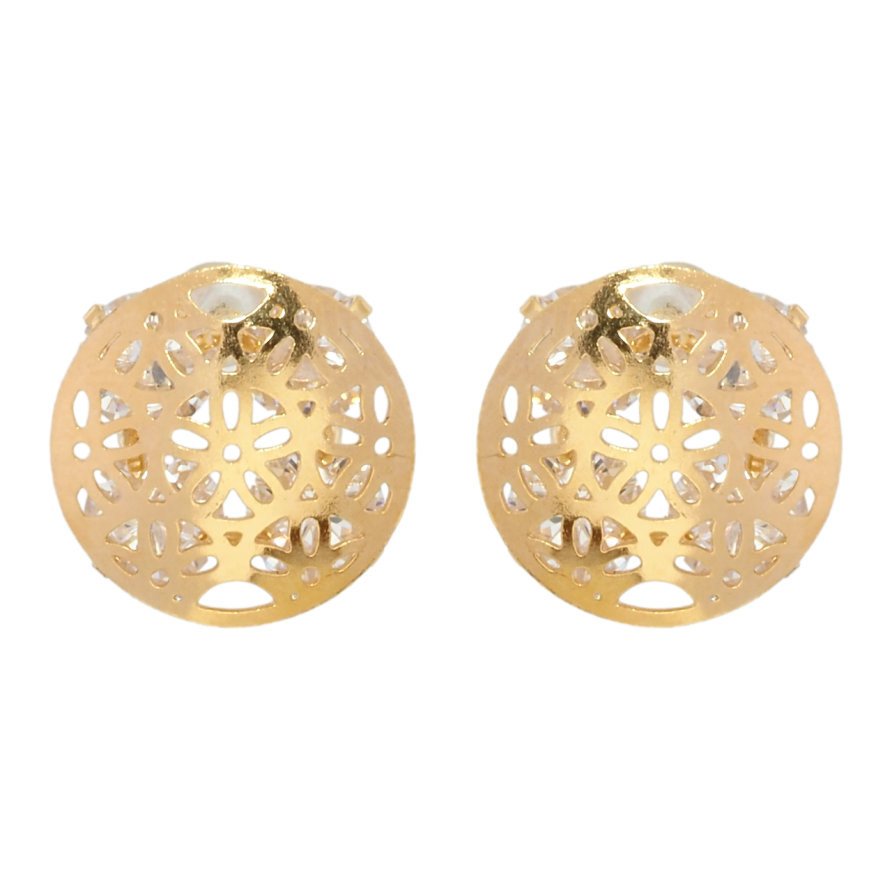 Серьги Xuping Позолота 18K пусеты Четыре кристалла с круглой резной накладкой ø 13мм фото №1