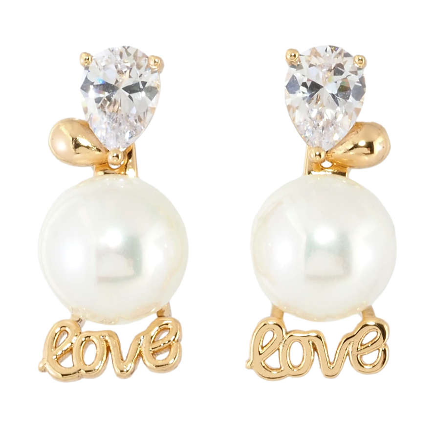 Сережки Xuping Позолота 18K пусети-джекети Love з цирконієм та перлами фото №1 Сережки Xuping Позолота 18K пусети-джекети Love з цирконієм та перлами фото №1