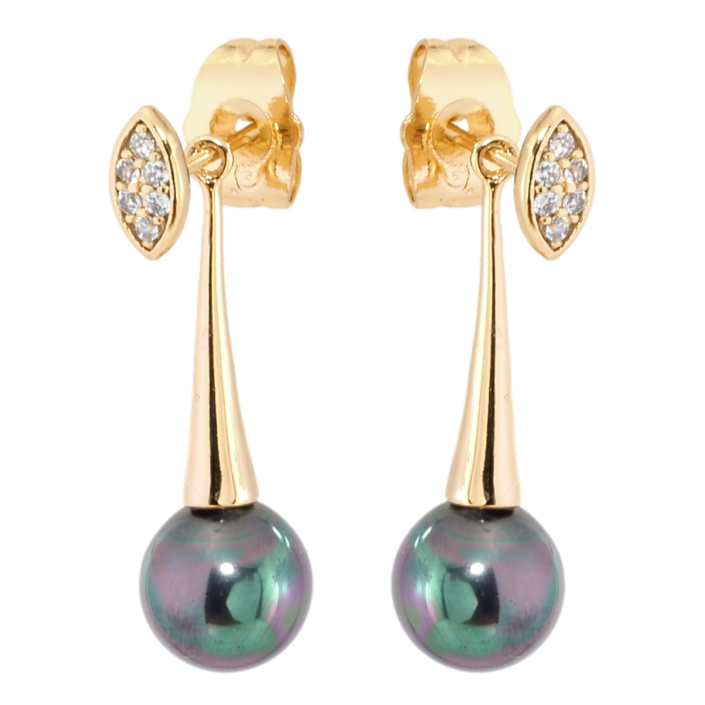 Сережки Xuping Позолота 18K пусети-джекети Інкрустація цирконієм з чорною перлиною фото №12