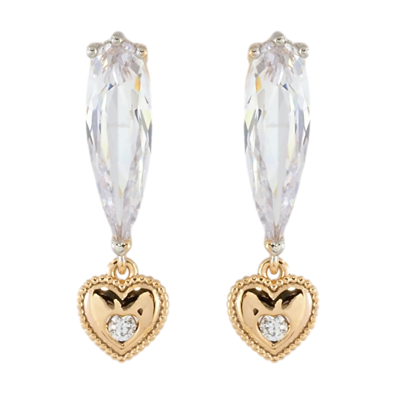 Серьги Xuping Позолота 18K + Родий пусеты Фианиты с сердечками фото №1