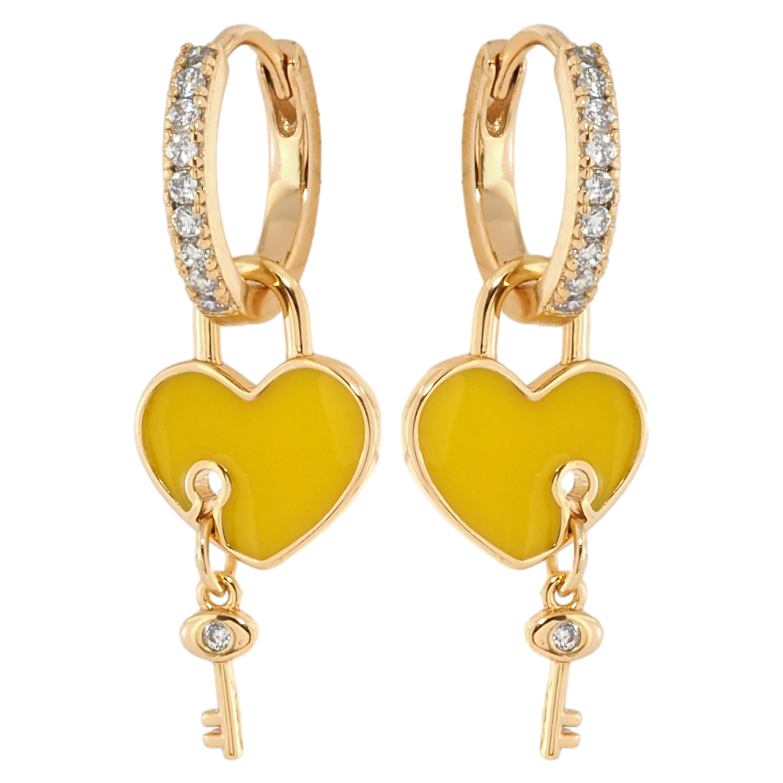 Серьги Xuping Позолота 18K подвески на колечках Желтые сердечки с ключиками 2 в 1 фото №1